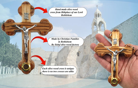 5.5" Wooden Wall Cross – 14 Stations Crucifix with Jerusalem Soil