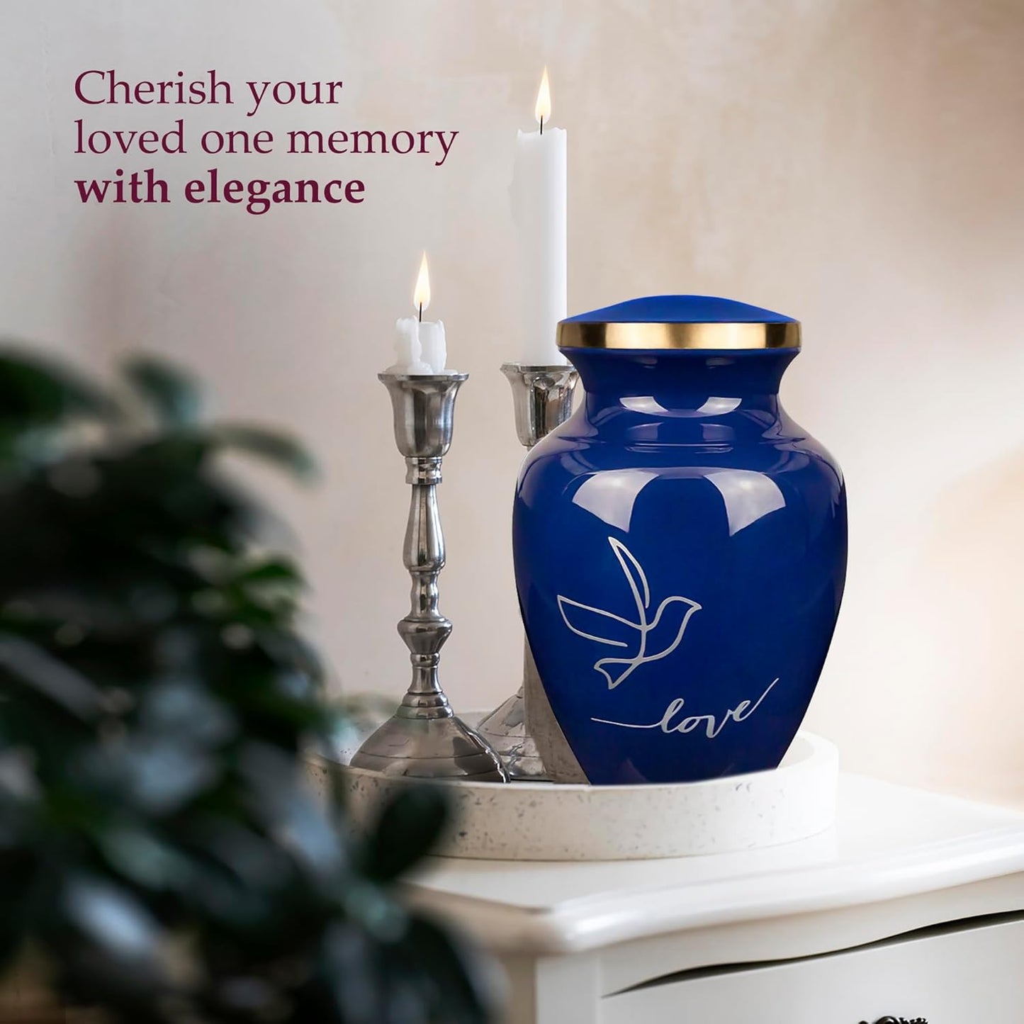 Large Dark Blue Cremation Urn – Love Dove Design for Adults