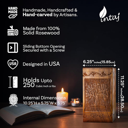 Large Cremation Urn – Tree of Life Handcarved Wood Casket for Human Ashes