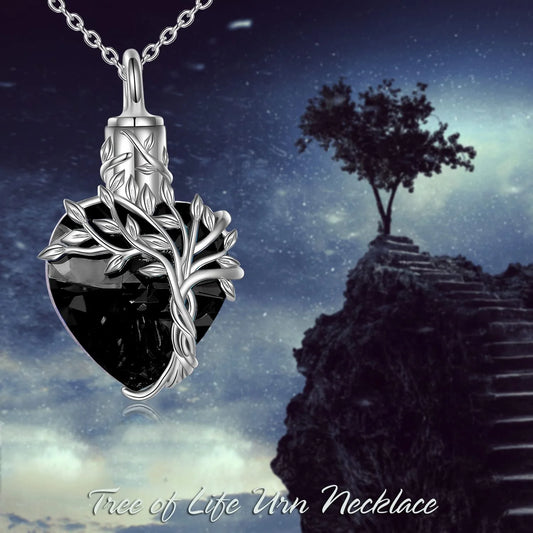 Heart Tree of Life Urn Necklace for Ashes Sterling Silver Cremation Jewelry with Black Crystal with Funnel Filler Memorial Birthday Anniversary Mothers Valentines Day Gifts for Women
