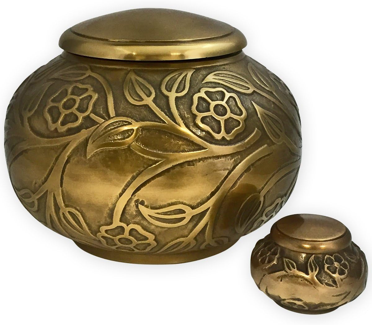 Antiqued Brass Cremation Urn – Florence Floral Pattern (Large)