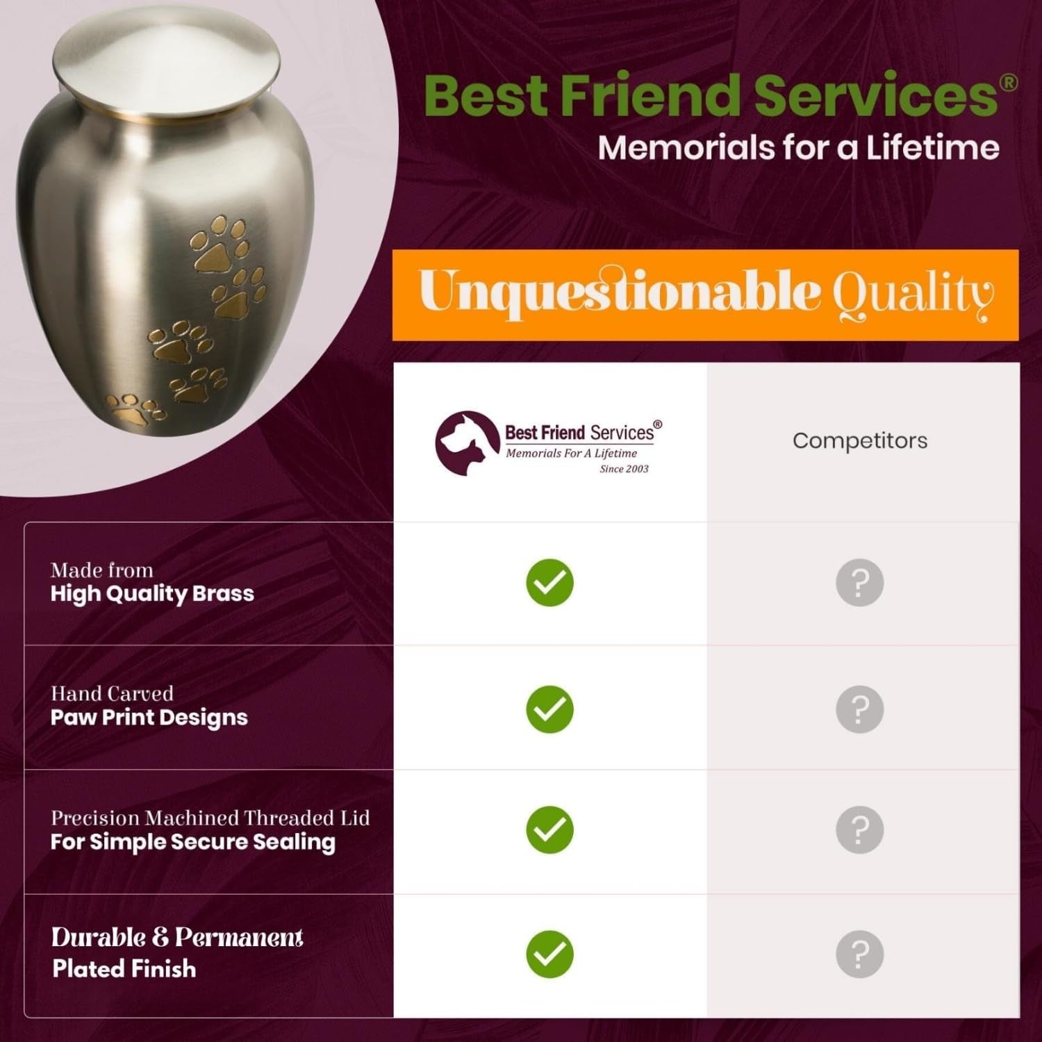 Small Pet Cremation Urn – Ottillie Paws Legacy Keepsake for Pets (Vertical Pewter Brass)