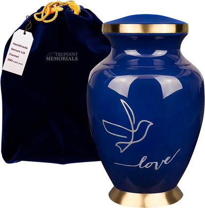 Large Dark Blue Cremation Urn – Love Dove Design for Adults