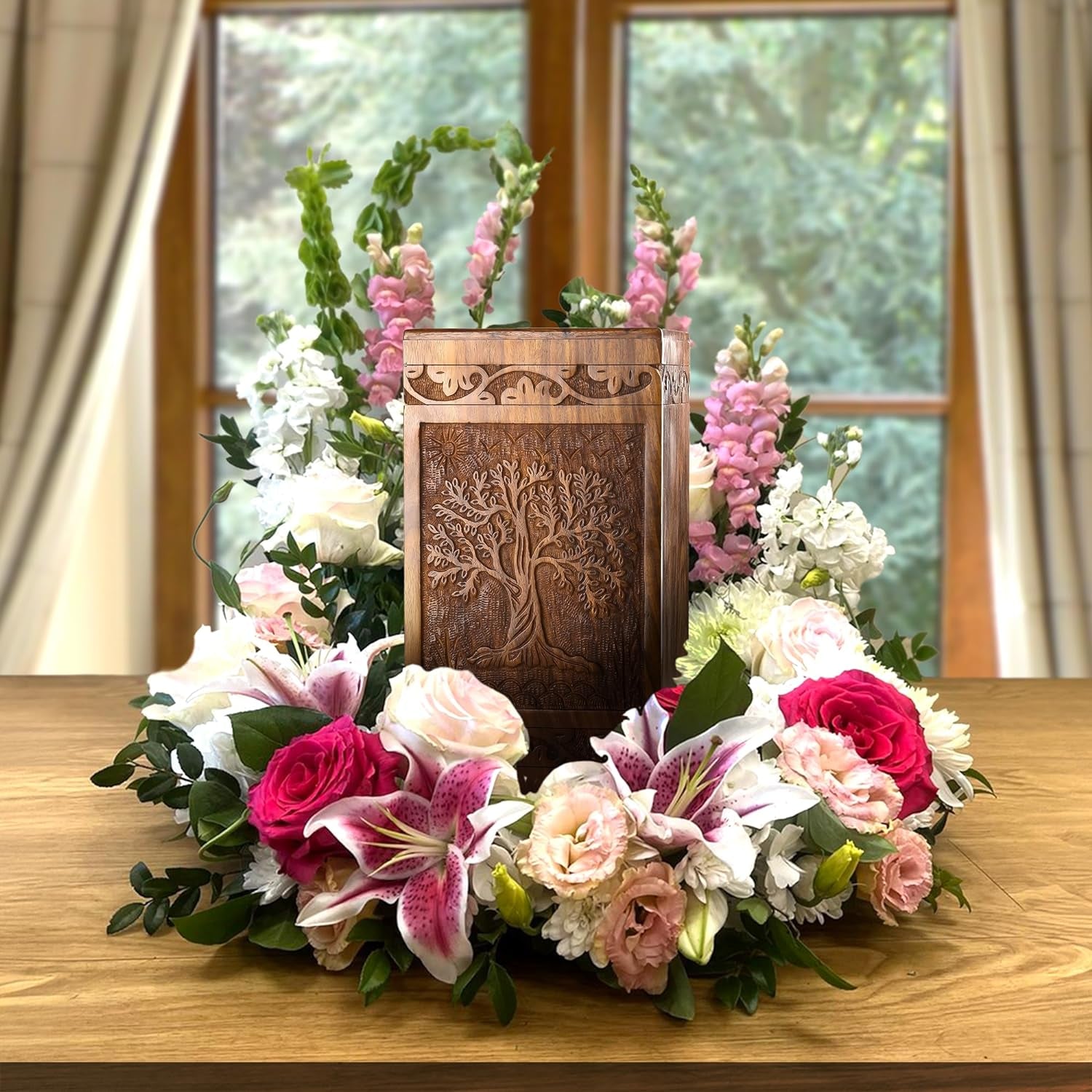Large Cremation Urn – Tree of Life Handcarved Wood Casket for Human Ashes