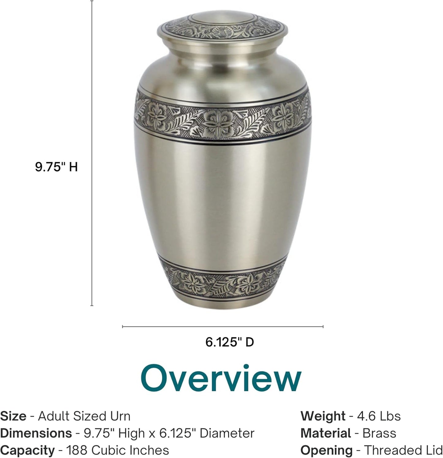 Coronet Pewter Brass Cremation Urn – Adult Size, 9.75” High