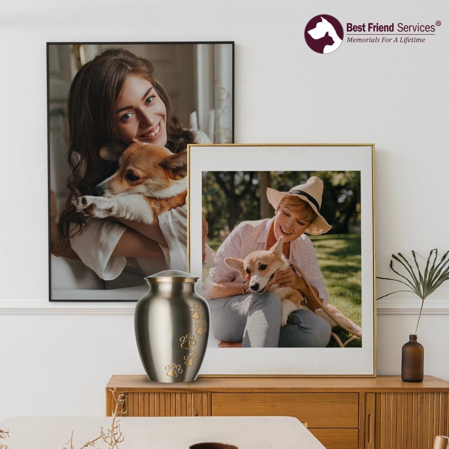 Small Pet Cremation Urn – Ottillie Paws Legacy Keepsake for Pets (Vertical Pewter Brass)