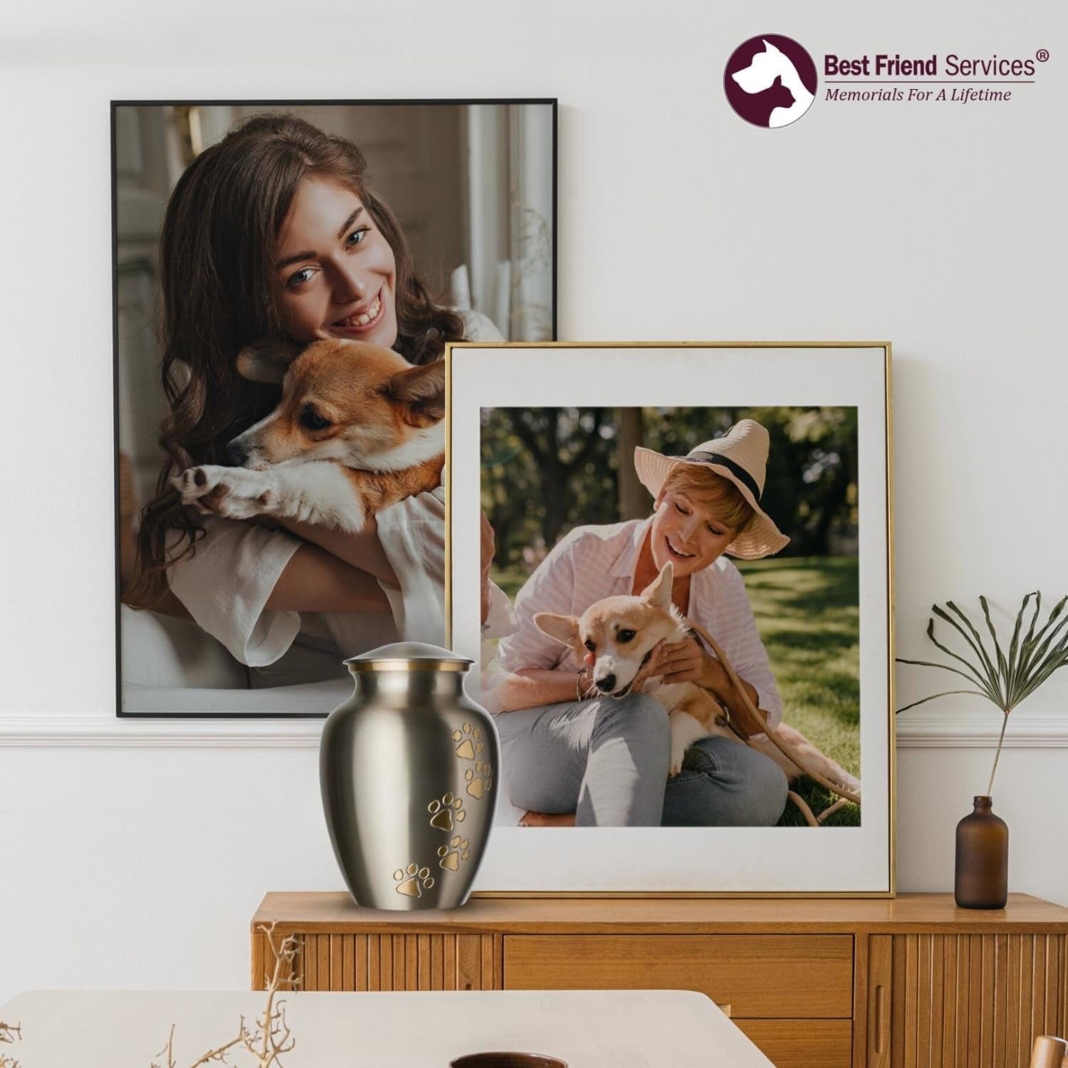 Small Pet Cremation Urn – Ottillie Paws Legacy Keepsake for Pets (Vertical Pewter Brass)