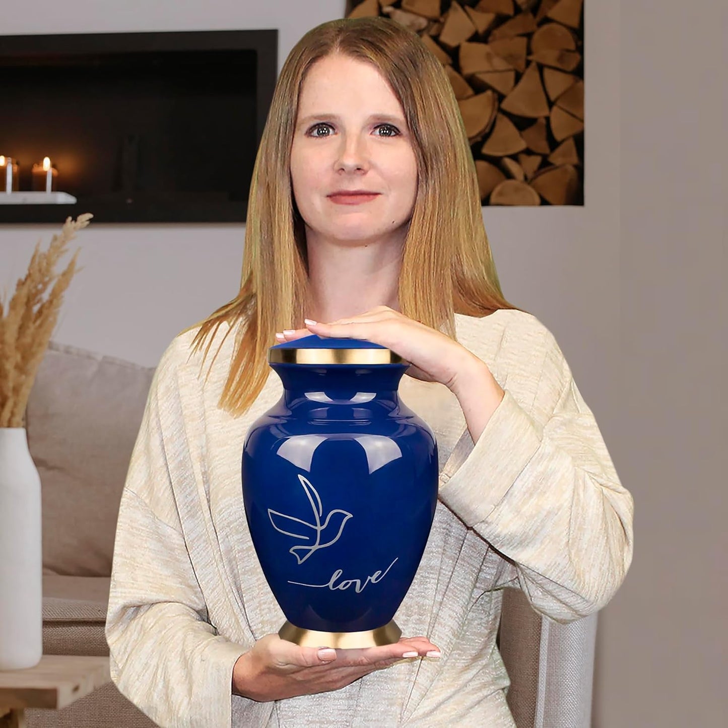 Large Dark Blue Cremation Urn – Love Dove Design for Adults