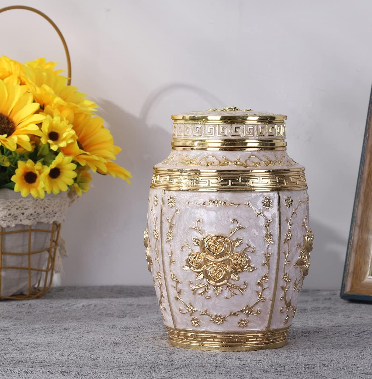 Gold Rose Ashes Urn – Baby/Son Memorial, 70 cu in Capacity
