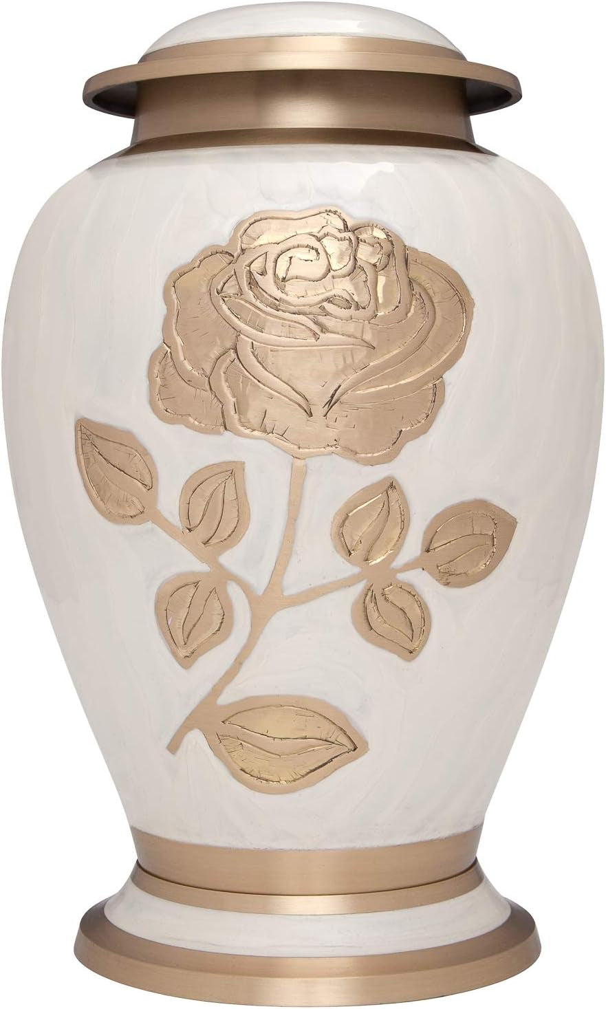 White-Gold Rose Brass Urn – Adult Cremation Burial with Enamel Flower