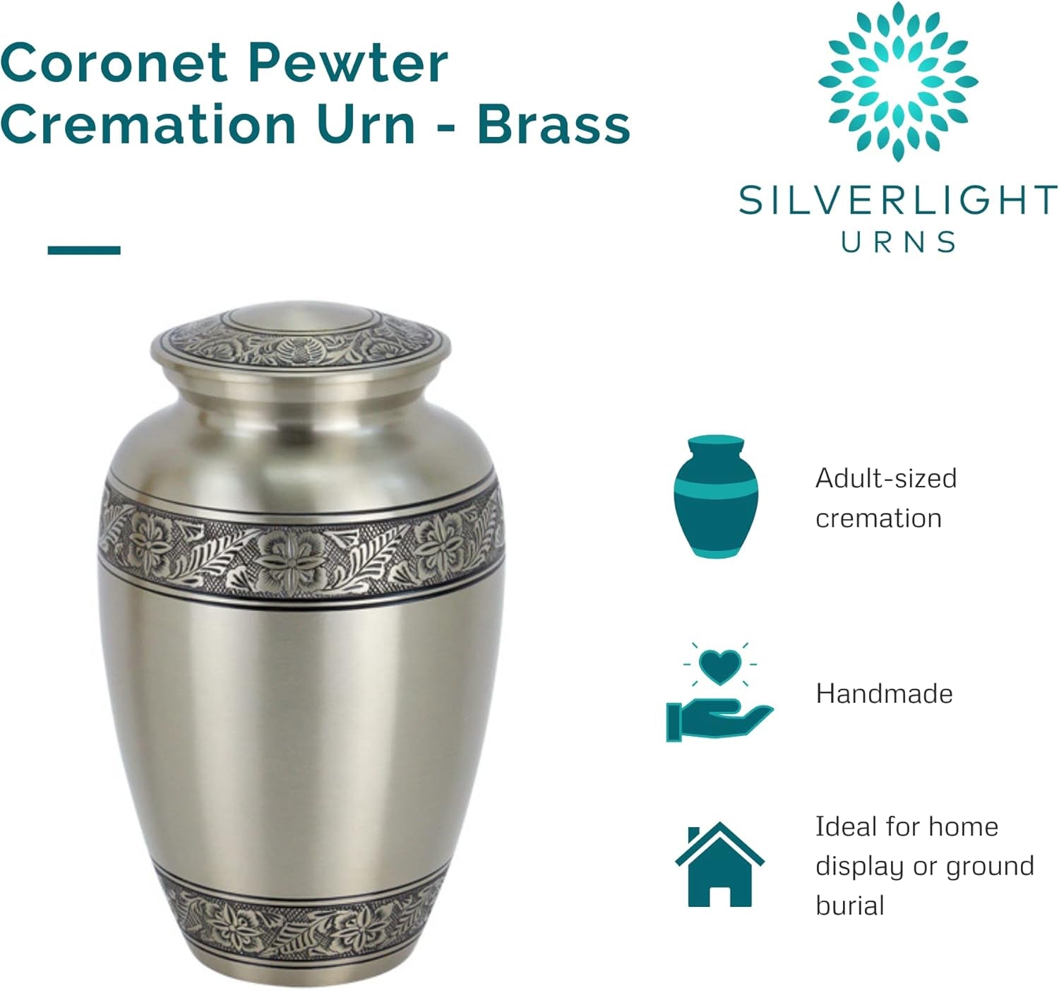 Coronet Pewter Brass Cremation Urn – Adult Size, 9.75” High