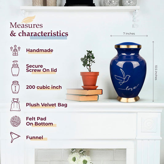 Large Dark Blue Cremation Urn – Love Dove Design for Adults