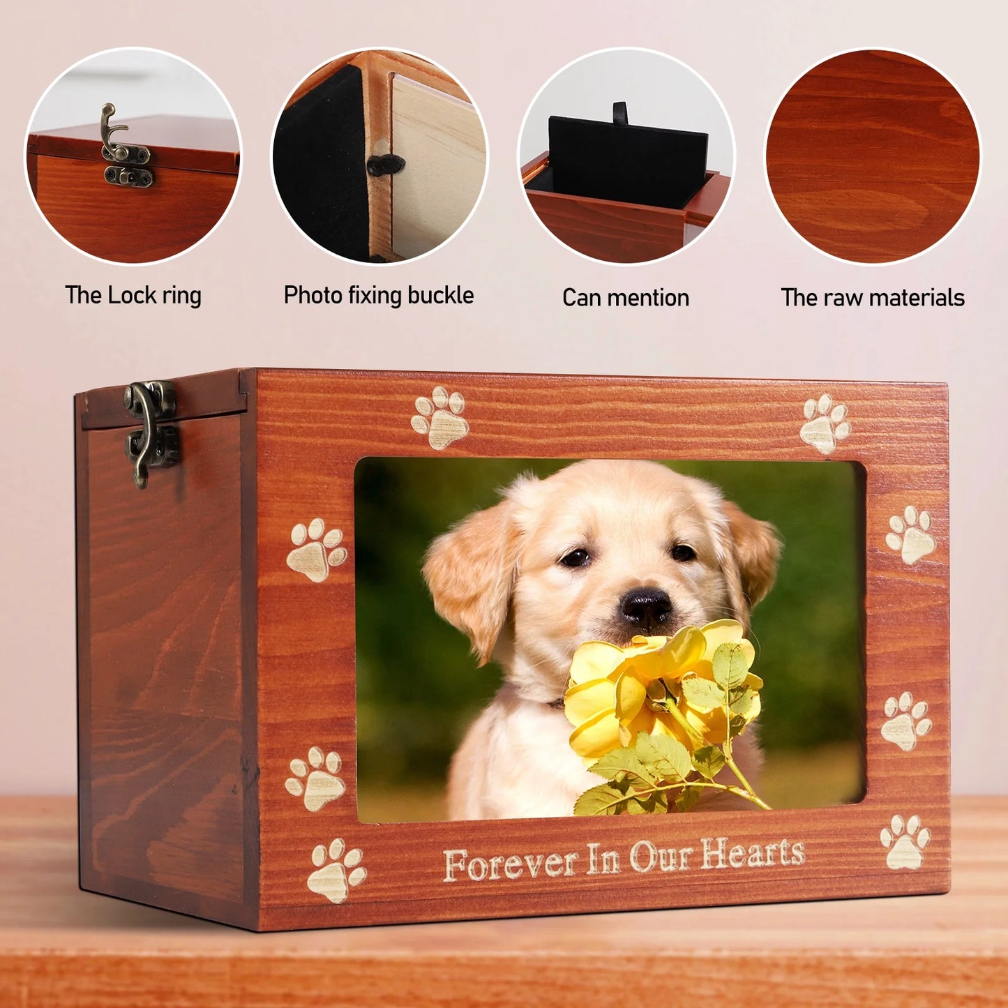 Pet Memorial Urn – Wooden Keepsake Box for Dog or Cat Ashes with Photo Frame