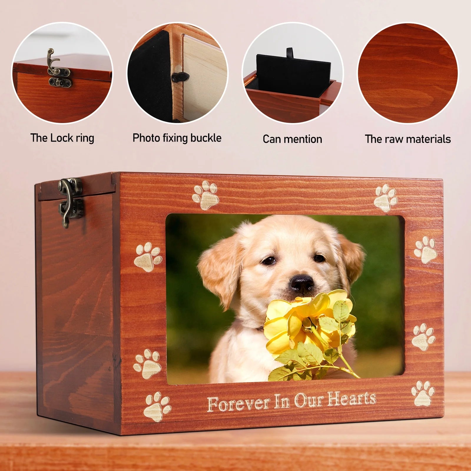 Pet Memorial Urn – Wooden Keepsake Box for Dog or Cat Ashes with Photo Frame