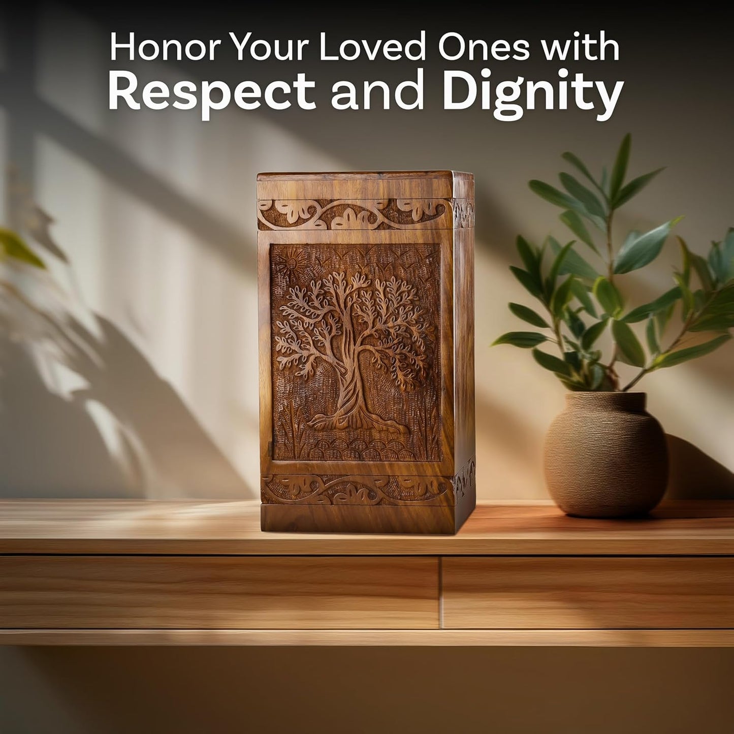 Large Cremation Urn – Tree of Life Handcarved Wood Casket for Human Ashes