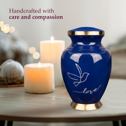 Large Dark Blue Cremation Urn – Love Dove Design for Adults