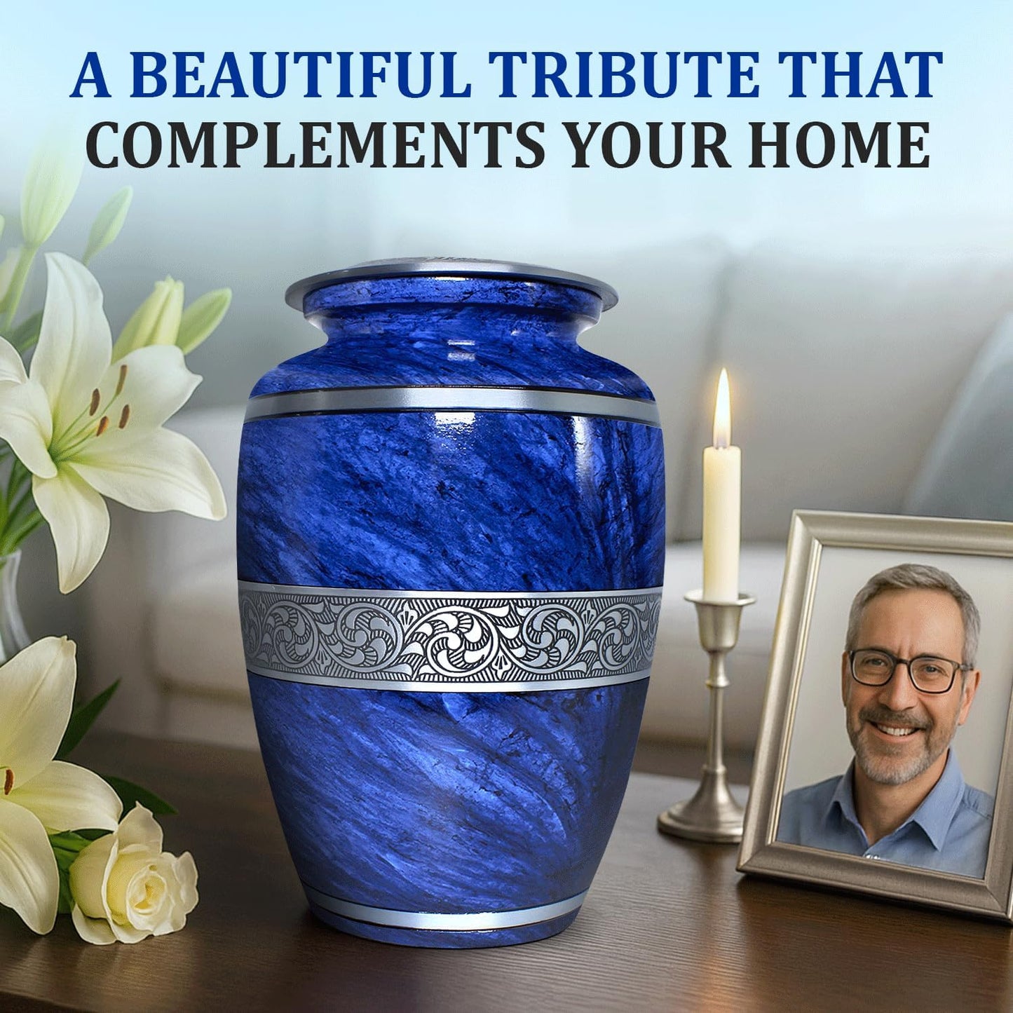 Elegant Blue Marble Cremation Urn for Loved Ones (Large)