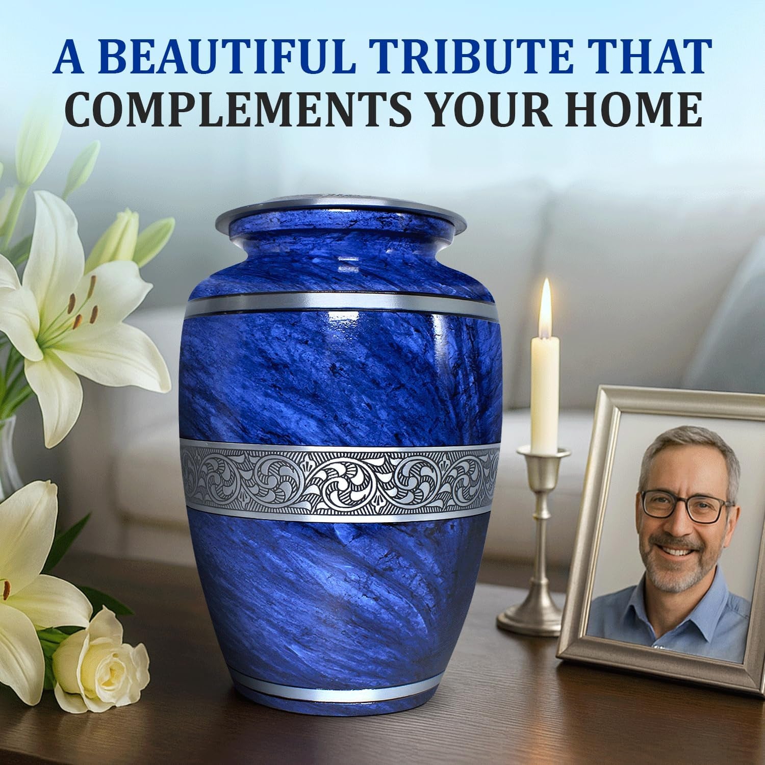 Elegant Blue Marble Cremation Urn for Loved Ones (Large)