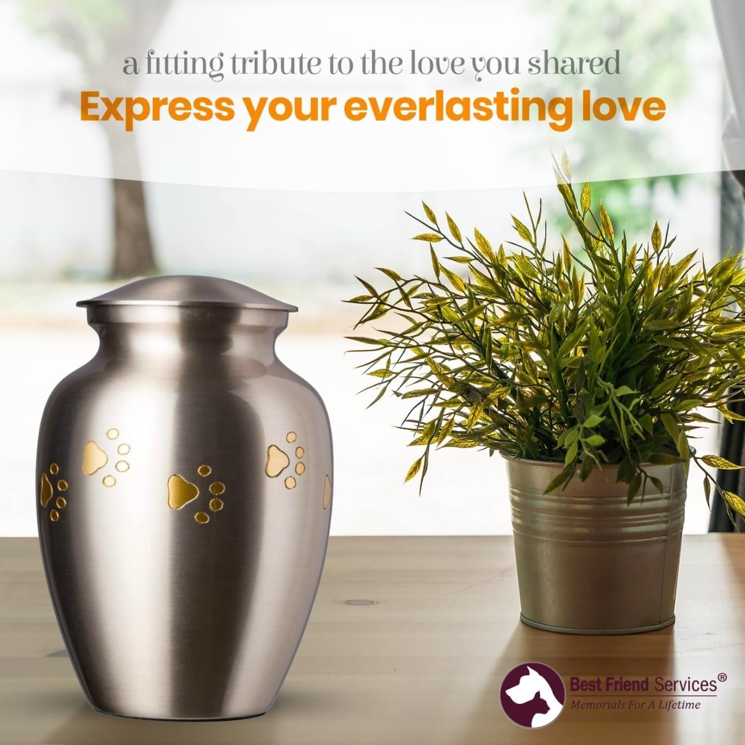 Small Pet Cremation Urn – Ottillie Paws Legacy Keepsake for Pets (Vertical Pewter Brass)