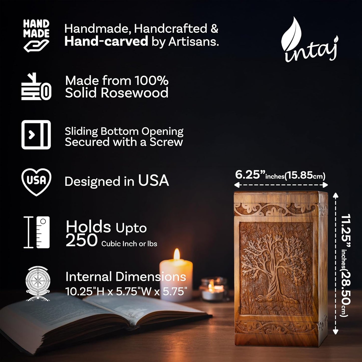 Large Cremation Urn – Tree of Life Handcarved Wood Casket for Human Ashes