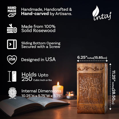 Large Cremation Urn – Tree of Life Handcarved Wood Casket for Human Ashes