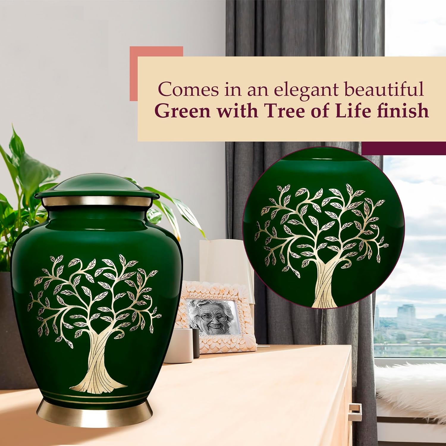 Tree of Life Cremation Urn – Large Green Burial Urn for Adults