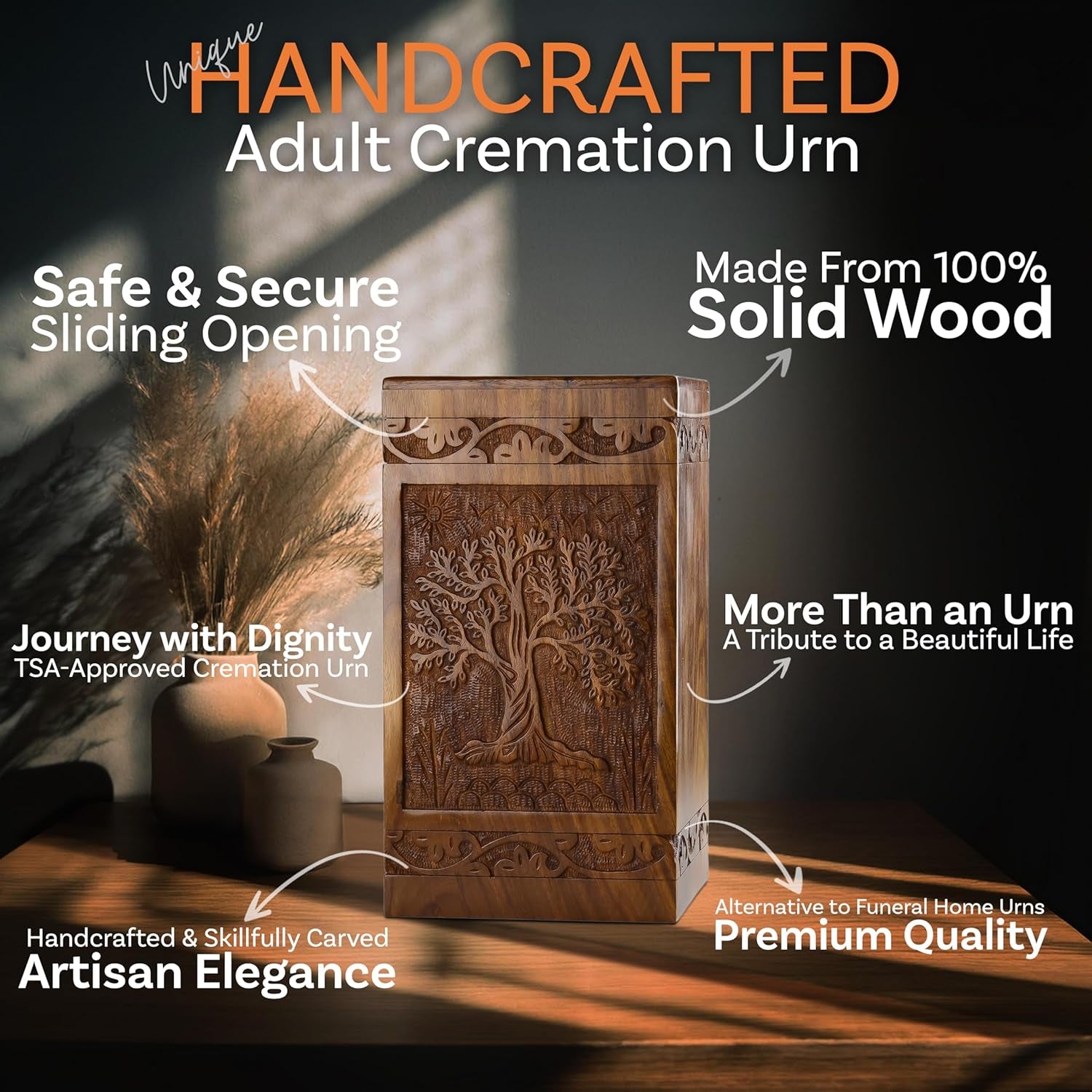 Large Cremation Urn – Tree of Life Handcarved Wood Casket for Human Ashes