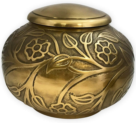 Antiqued Brass Cremation Urn – Florence Floral Pattern (Large)