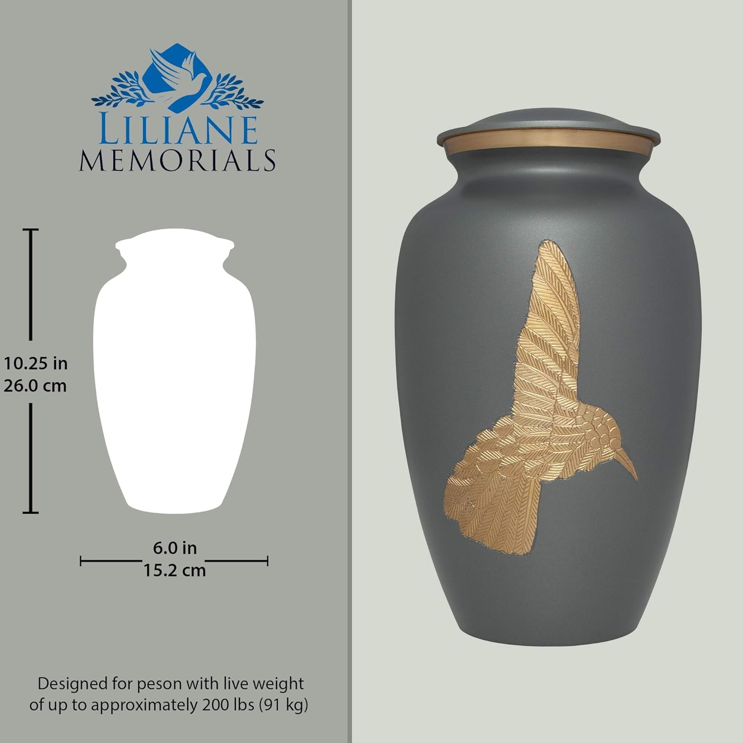 Grey Hummingbird Urn – Handcrafted Brass for Adult Ashes (200 lbs)