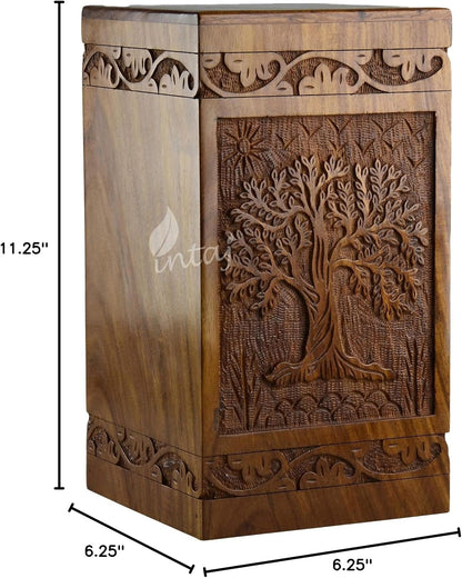 Large Cremation Urn – Tree of Life Handcarved Wood Casket for Human Ashes