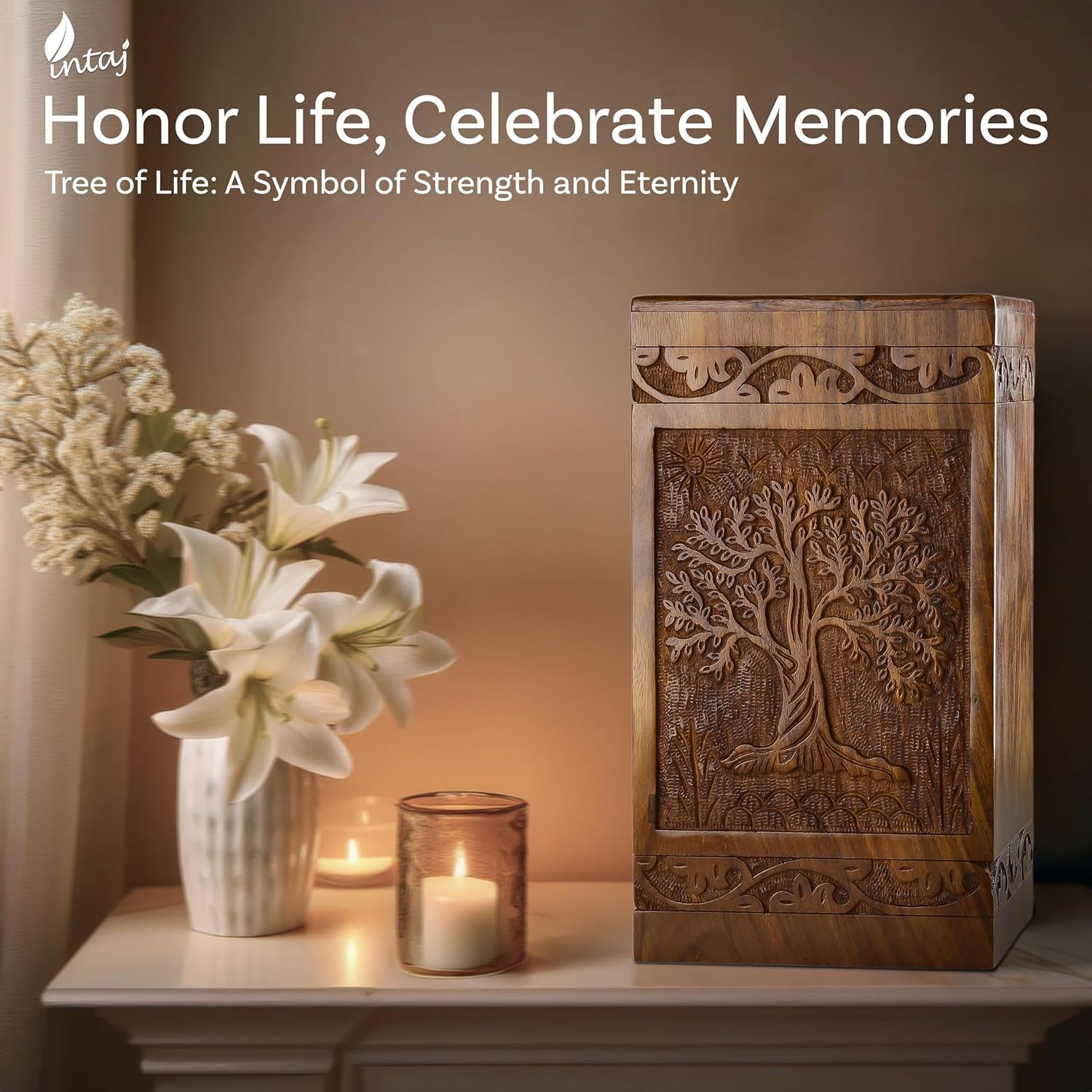 Large Cremation Urn – Tree of Life Handcarved Wood Casket for Human Ashes
