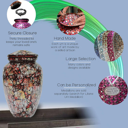 Black Mosaic Glass Urn Handcrafted Cremation Vessel for Adult Ashes