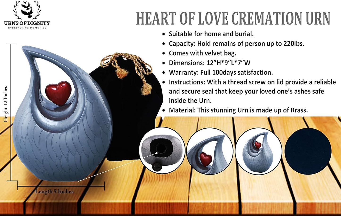 Heart of Love Funeral Urn – Decorative Grey & Red Urn for Adult Ashes