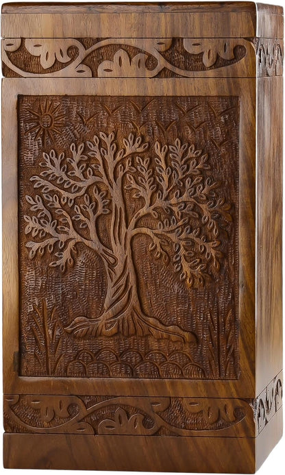Large Cremation Urn – Tree of Life Handcarved Wood Casket for Human Ashes