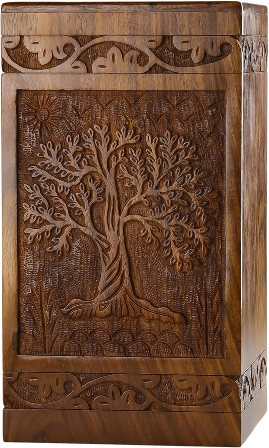 Large Cremation Urn – Tree of Life Handcarved Wood Casket for Human Ashes